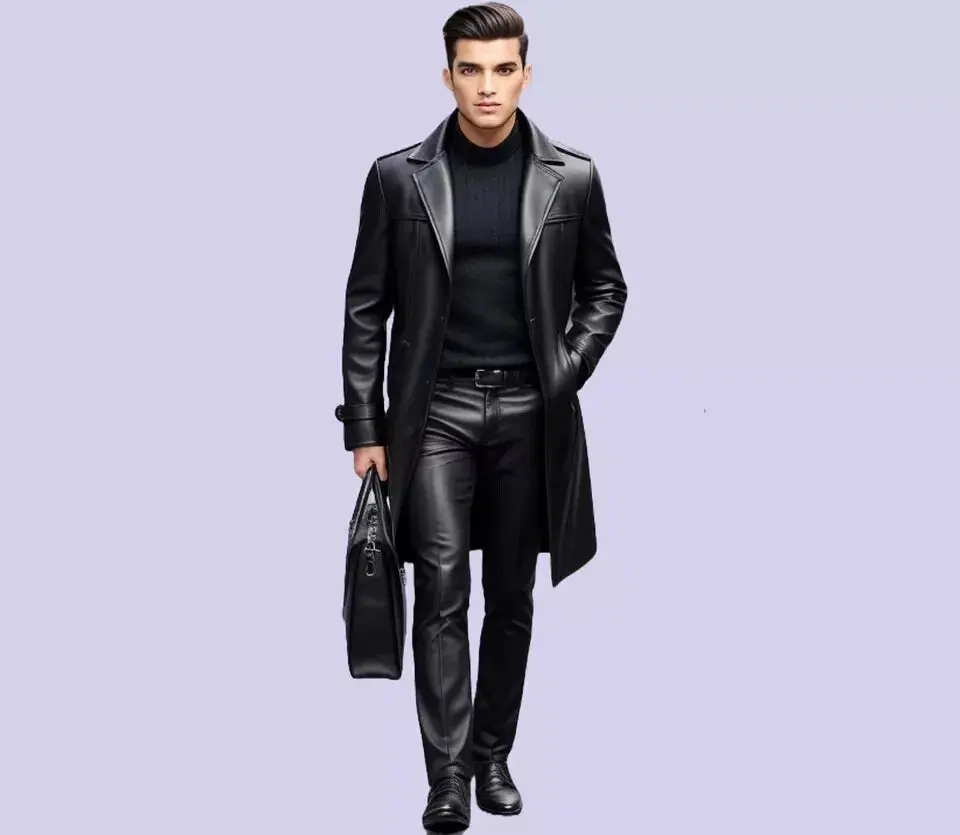 Mens Black Leather Trench Long Coat Genuine Soft Lambskin Overcoat All Sizes Classic Urban Street Style Long Sleeve Jacket Menswear