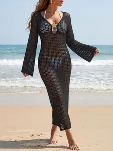 Sexy Crochet Beach Cover Up for Women - Long Bell Sleeve Backless Hollow Out Starfish Decor Swimwear Cover Up Dress for Pool Party Vacation