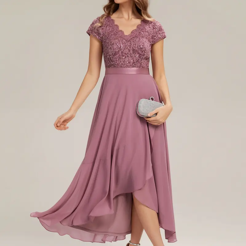 EVER PRETTY Women's Chic Retro Modest A-Line Bridesmaid Gown - Deep V-Neck, Cap Sleeves, Asymmetrical Cut, Flared High-Low Hem, Zipper Closure, Elegant Formal Wear Dress for Women's Wedding Events, Gowns