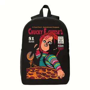 1-Pack Anime Backpack - Chucky-Eating-Pizza Comic Design, Lightweight School Bag with Adjustable Straps & Zipper Closure for Men, Anime Fans - Casual Everyday Carry Backpack, Cartoon Backpack, Washed Texture Finish