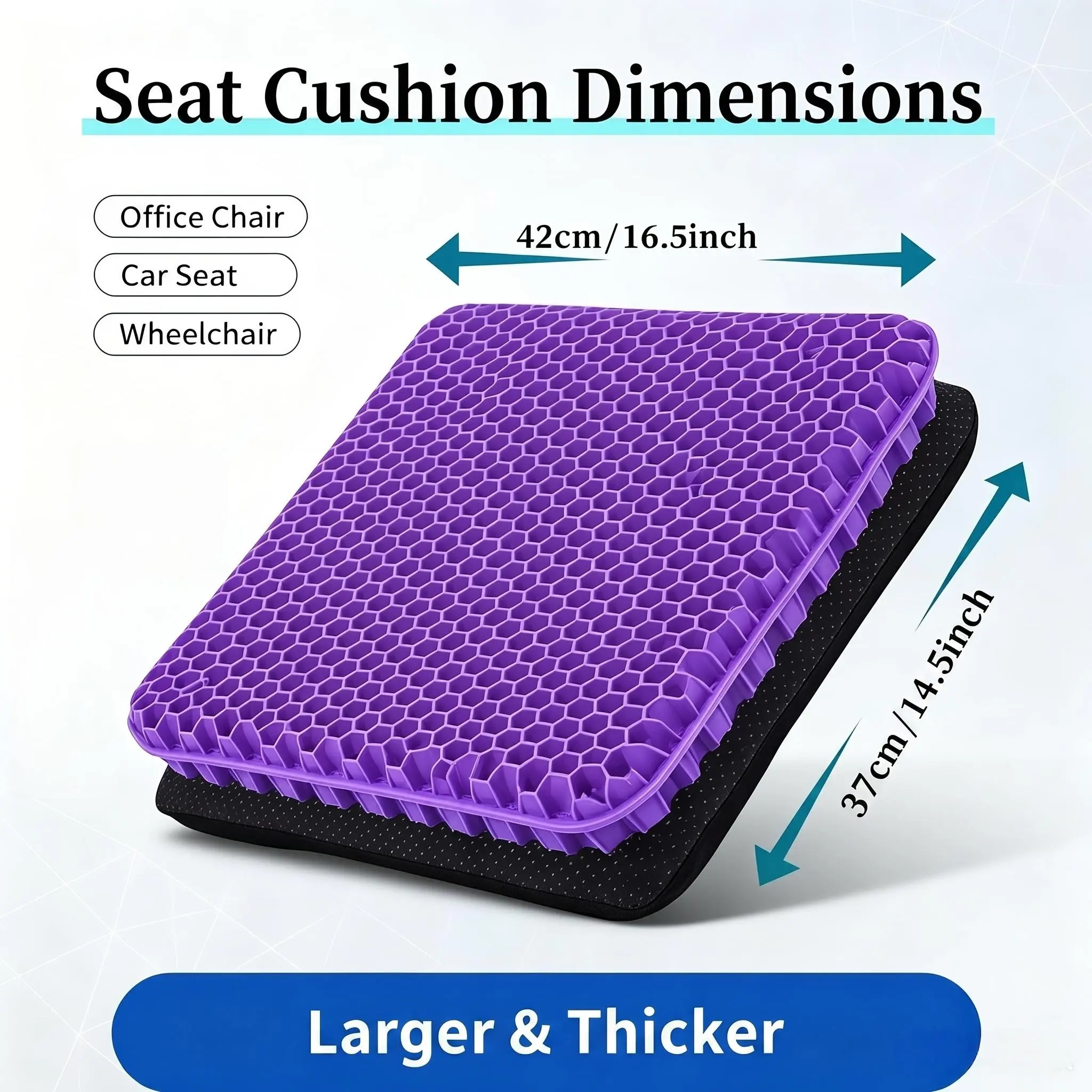 Double Thick Gel Seat Cushion for Car, 16.5×14.5×1.38inches Breathable Honeycomb Chair Pad with Non-Slip Cover, Ergonomic Pressure Distribution for Adults, Comfort for Office Chair & Long Driving