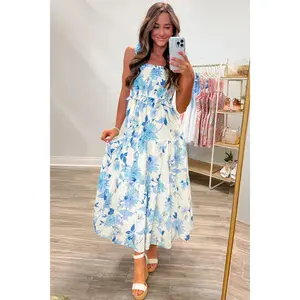 Sky Blue Ruffled Straps Smocked High Waist Floral Maxi Dress