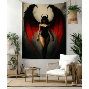 Dark Demoness Tapestry,Gothic Female Demon Wall Art with Red Wings, Seductive Occult Decor for Alt Bedroom, Witchy or Lair Gift Idea Hanging Lightweight