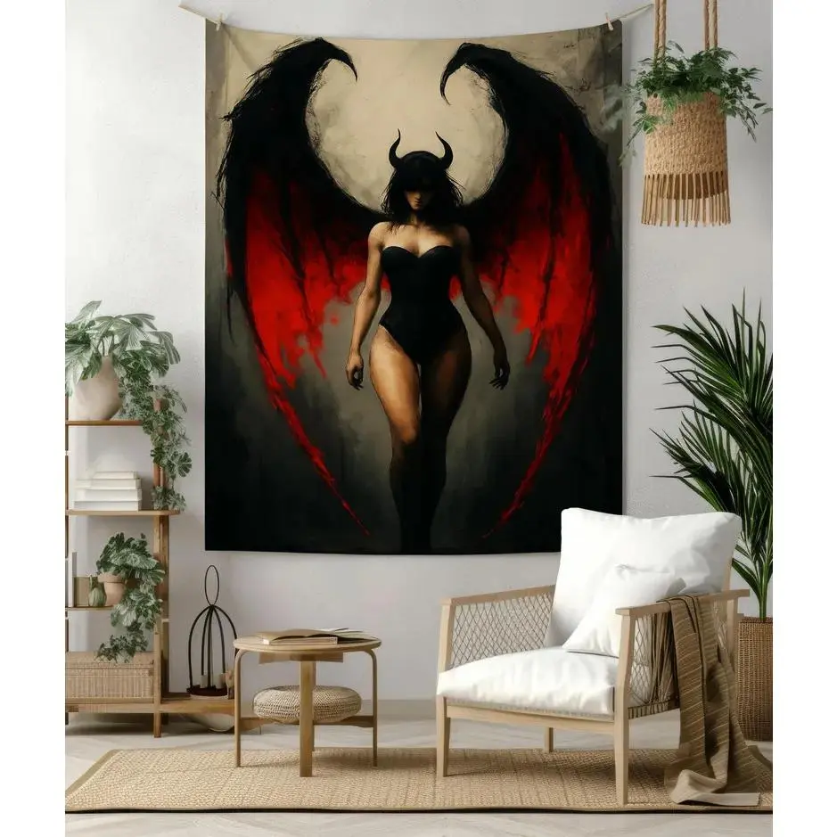 Dark Demoness Tapestry,Gothic Female Demon Wall Art with Red Wings, Seductive Occult Decor for Alt Bedroom, Witchy or Lair Gift Idea Hanging Lightweight