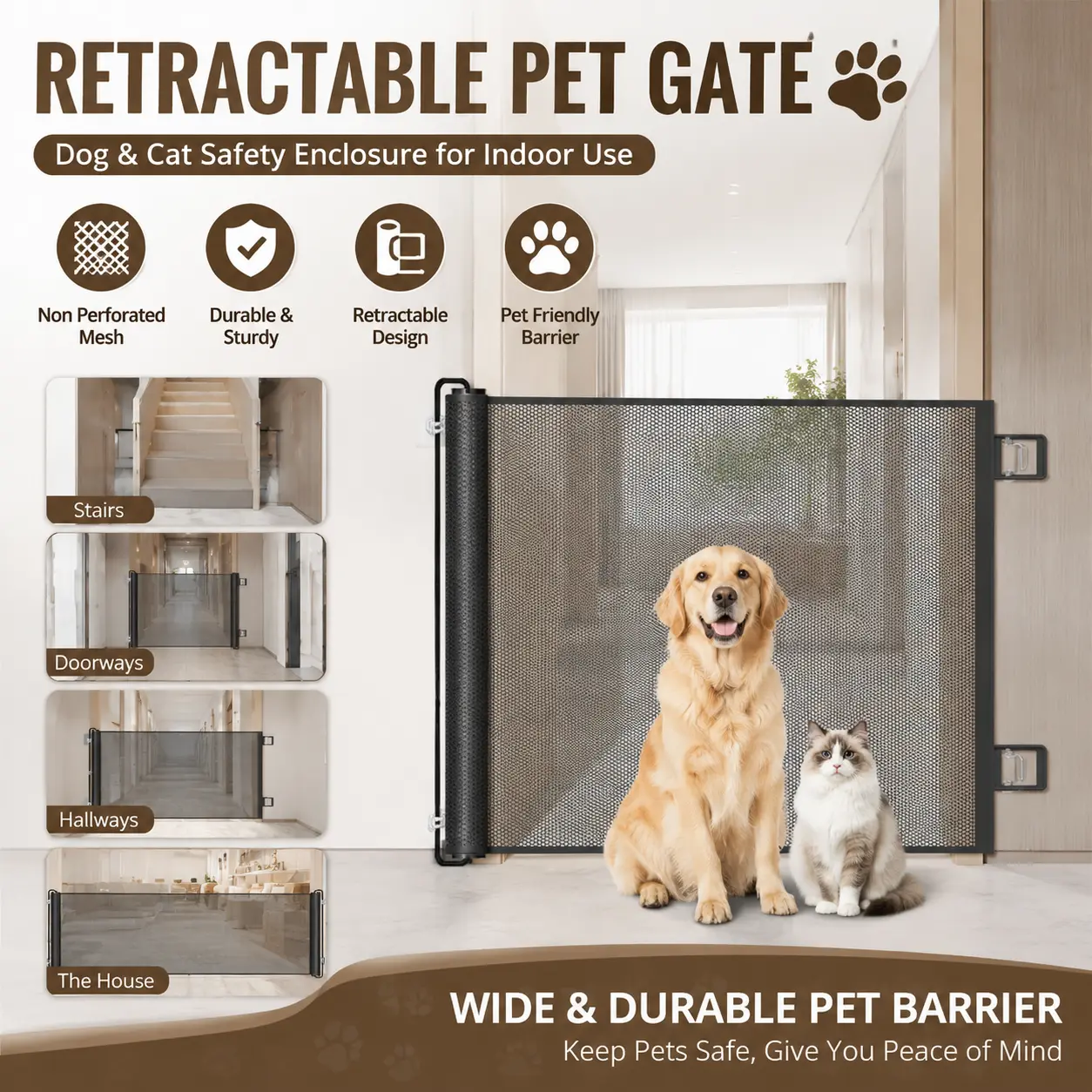 No Need To Drill Walls! Retractable Wide Mesh Pet Gate With Cute Paw Print, Safe Barrier For Dogs & Cats, Perfect For Home Doorways, Stairs, Hallways