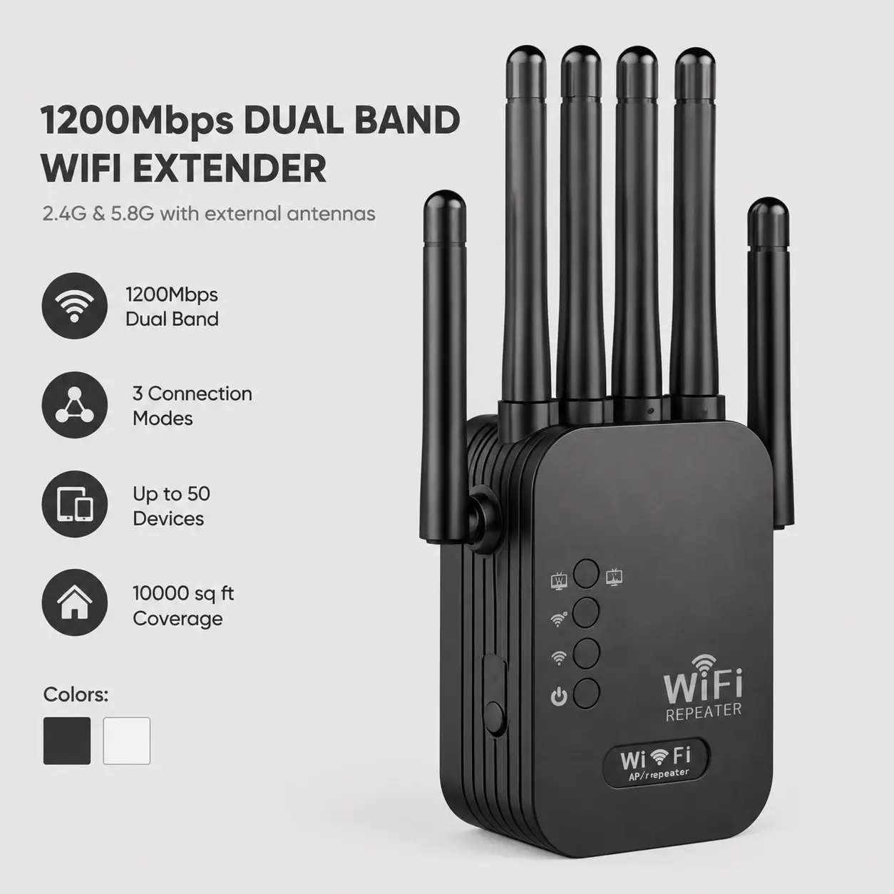Quriov WiFi Extender Signal Booster, 1200Mbps Dual Band Wireless Repeater with Ethernet Port, 3 Modes, Up to 10000 Sq Ft Coverage & 50 Devices