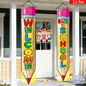 2D Flat - 1 Pair 2D Flat Banner | Welcome Back To School Front Door Porch Sign Party Banner with Pencil Graphic Design, Polyester, Suitable for First Day of School, Back-To-School Themed Events, School Classroom Entrance Porch Hanging Decorations