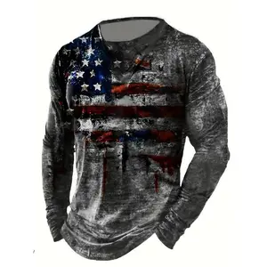 A Men'S Long-sleeved Crewneck T-shirt Printed With A Patriotic American Flag, A Casual Knitted Polyester Top With Slight Stretch, A Standard Fit For All Seasons.
