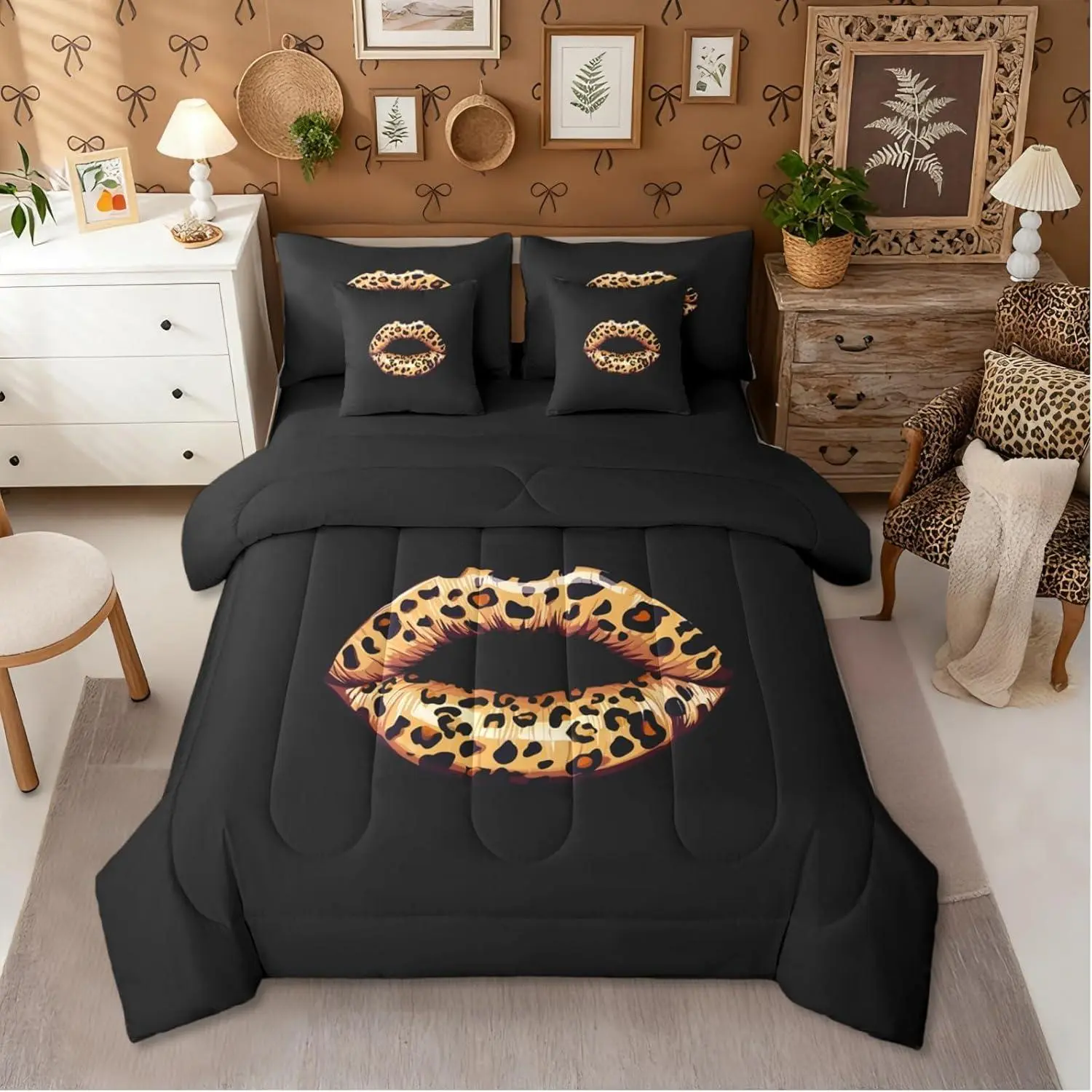 Feelyou 7-Piece Leopard Print Microfibre Bedding Set - Soft Animals Safari Wildlife Themed, Single/Full Bed-in-A-Bag with Cheetah Mouth Quilt, Sheets, Kids Bedding (Brown, Black), Machine Washable, Queen/King Options, Bedroom Decor