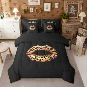 Leopard Lips 7 Piece Comforter Set,Bed in A Bag Sexy Cheetah Print Mouth Bedding Set for Kids Teens Brown Black Comforter Safari Wildlife Fur Print Sheets Romantic Valentine Quilt