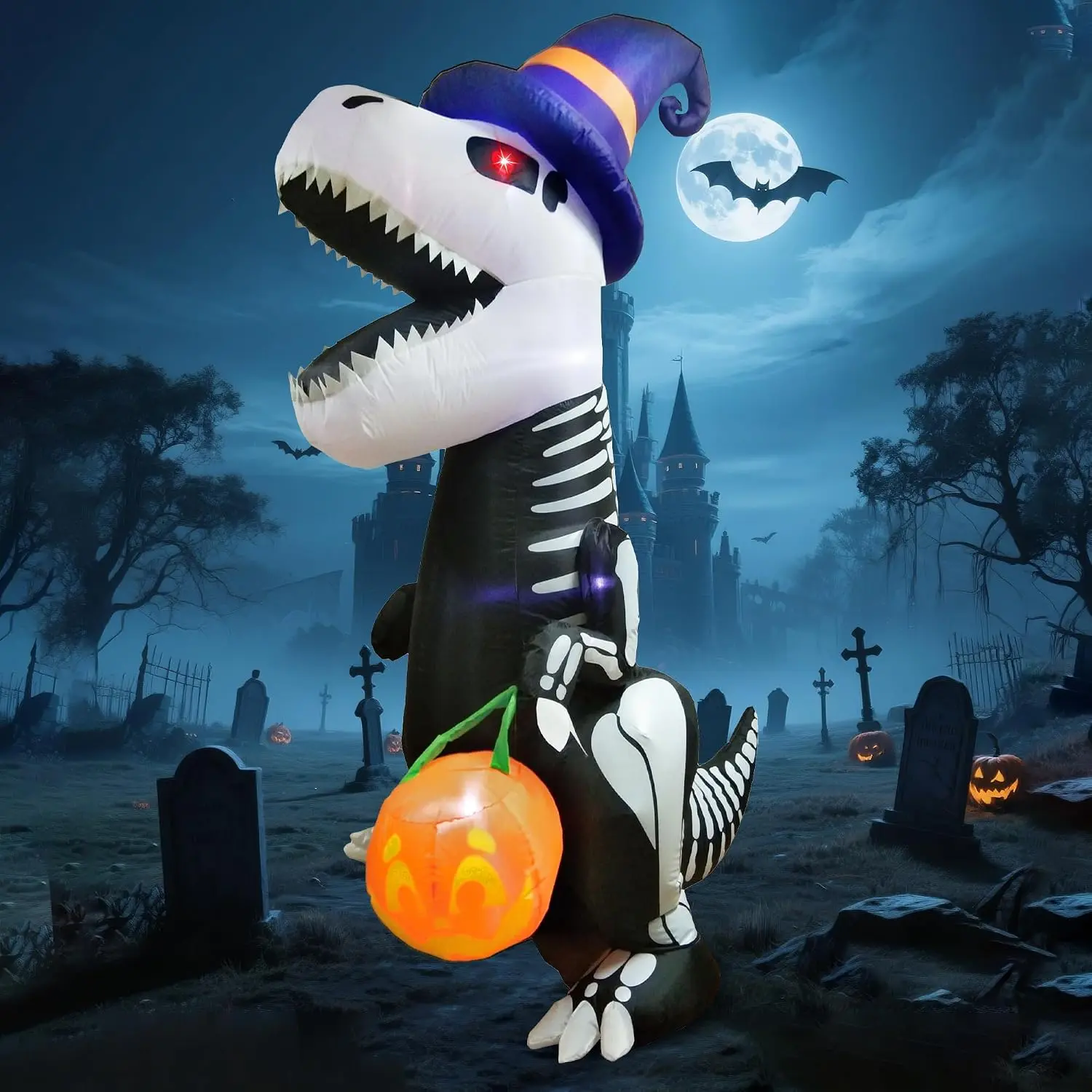 Joiedomi 8 FT Halloween Inflatable Skeleton Dinosaur with Pumpkin & Built-in LEDs, Halloween Blow Up Yard Decorations, Lighted Outdoor Dinosaur Skeleton for Garden, Lawn, Patio & Holiday Outside Decor