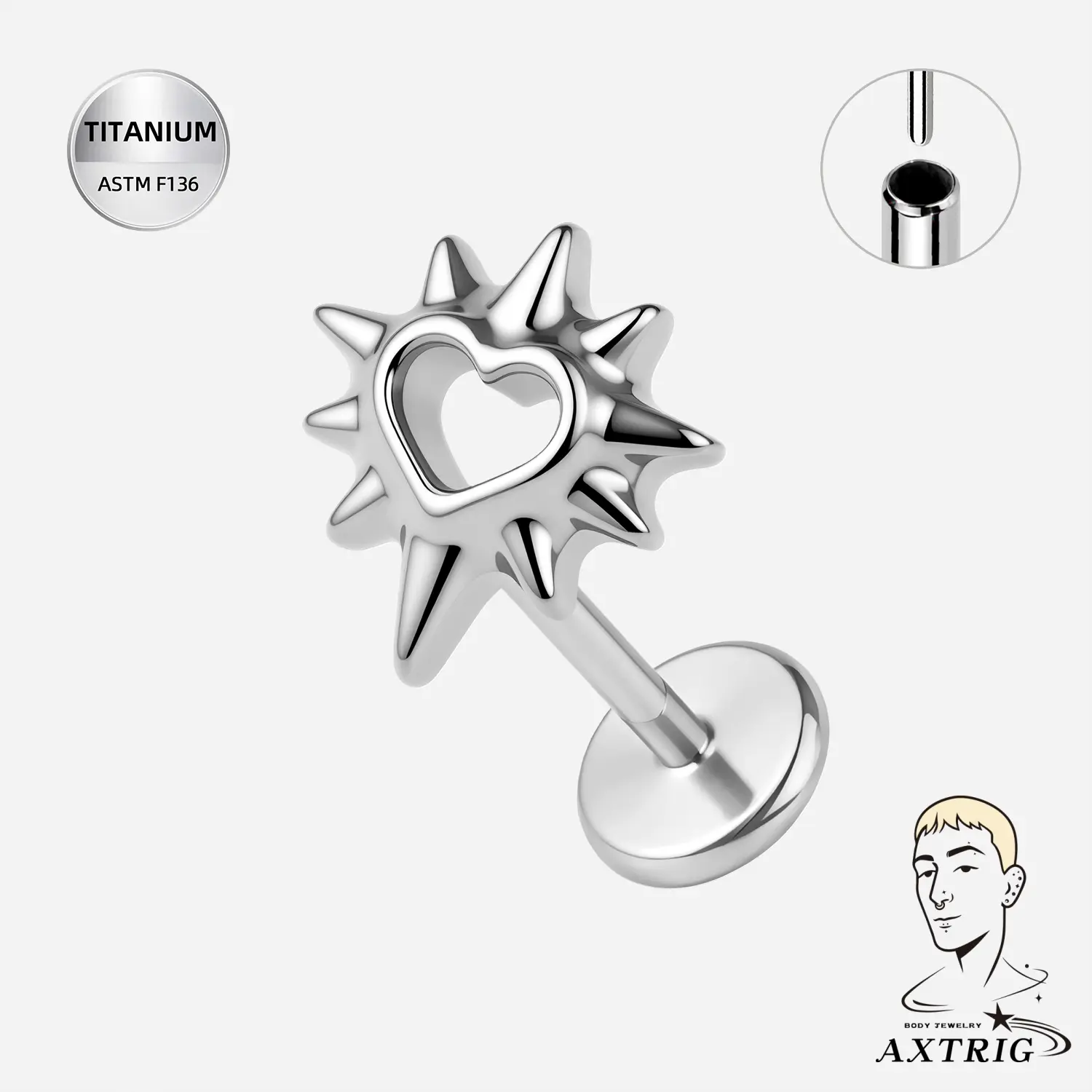 Labret Stud, 20G 8mm Unisex Spikey Heart Shape Piercing Jewelry in ASTM F136 Titanium, Threadless Push-Pin for Helix & Tragus, Labret Piercing Jewelry, Conch Piercings, Threadless Piercing Jewelry