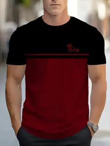 Men's Colorblock Geometric Printed T-Shirt Fitted Round Neck Short Sleeve, Summer Casual Fashion Streetwear, Trendy Outdoor Sportswear Menswear for Daily Wear, Casual Everyday Wear