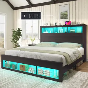 Amerlife Farmhouse Bed Frame - Bookcase Storage Headboard, Footboard, LED Platform Bed Design, Charging Station, No Box Spring Needed, Noise-Free, Christmas Gift Idea