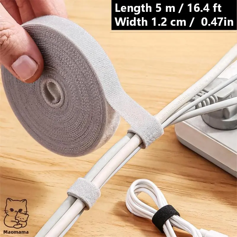 Double Sided Hook & Loop Tape Roll - No Adhesive, 16.4Ft x 0.5In Adjustable Cut-to-Length Straps, Reusability for Cable Management, Household Organization
