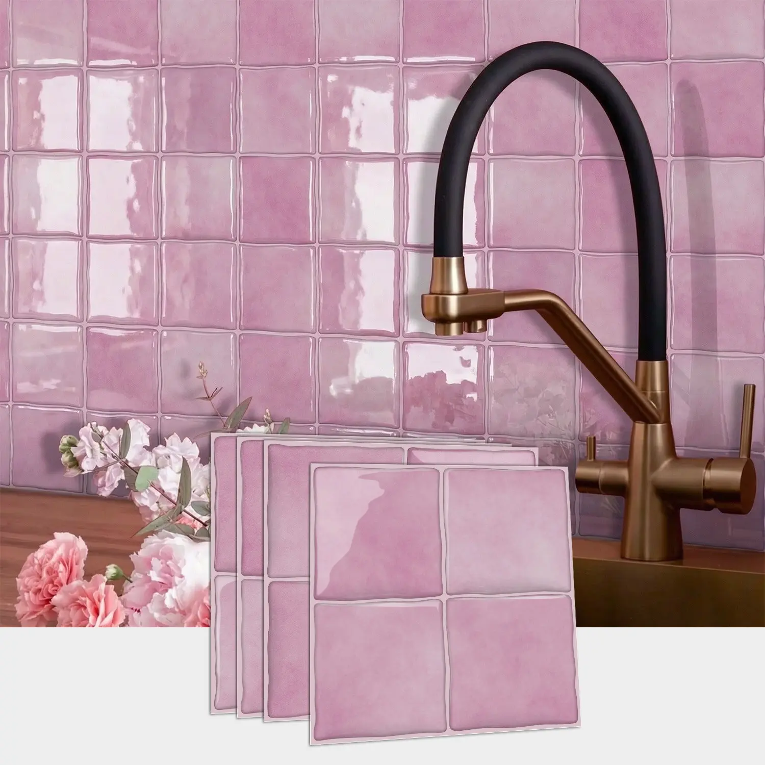 10Pcs Vintage Pink Grid Glitter Decorative Wall Stickers | Waterproof Oil-Proof | Kitchen Bathroom Backsplash Home Decor | Waterproof Wall Decal