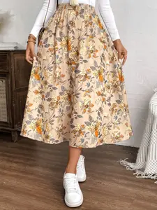 Women's Floral Umbrella Loose Skirt Long Vintage Print Dress, Light Polyester Maxi Skirt, Casual Style, Perfect for Daily Wear