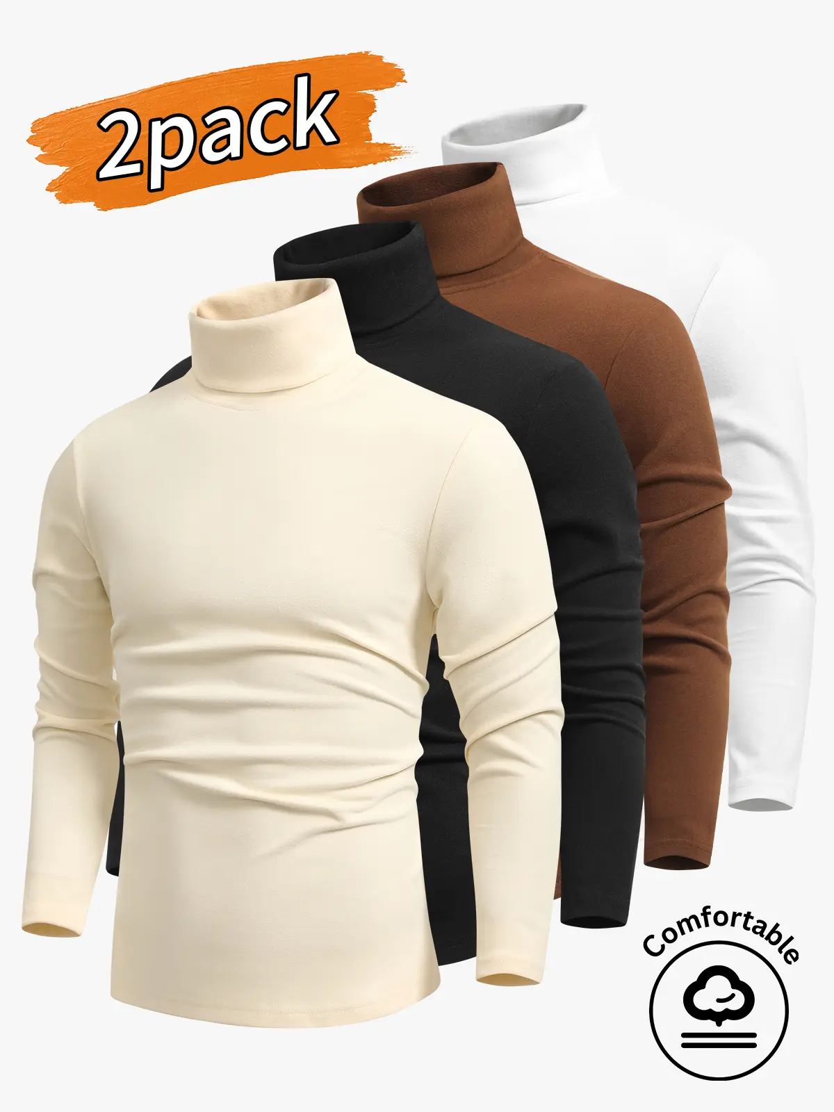 2-pack men’s tops: men’s long-sleeve T-shirts and men’s high-neck long-sleeve base layers for autumn/winter. Versatile solid-color long-sleeve inner layers with a classic high-neck design that protects the neck from cold winds. Slim fit that isn’t tight.I