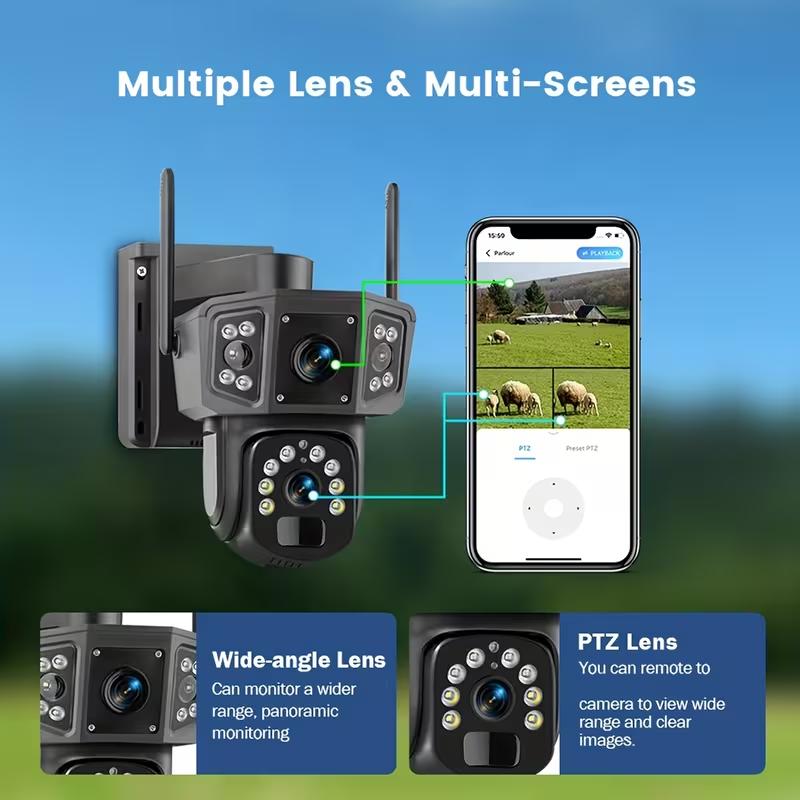 Solar Security Cameras Wireless Outdoor With 64GB SD Card - 2.4 GHz WiFi Security Cameras, 4K/8MP Dual-lens Linkage, Battery Powered, 360° Pan And Tilt, Ultra Clear Color Night Vision, PIR, Two-Way Audio, SD And Cloud Storage