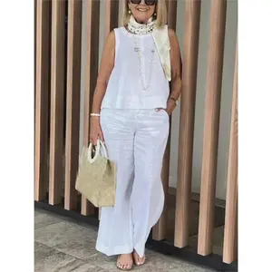 Conjuntos Para Mujeres 2 Piezas Outfit Linen Cotton Clothing Loose Sleeveless Top Wide Leg Pants Two-piece Set Casual Wear
