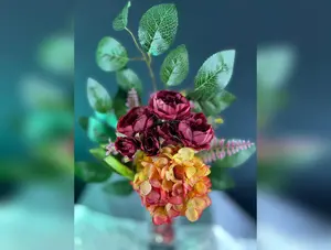 Artificial Flower Arrangement: Pink Hydrangea & Burgundy Peonies in Glass Vase