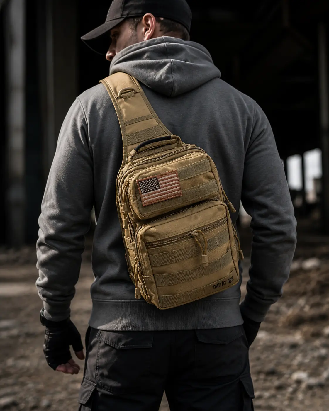 Tactic Ops Tactical Military Sling Bag - Range Bag - Diaper Bag Beige with American Flag Patch and MOLLE Webbing for Quick Access and Secure Storage