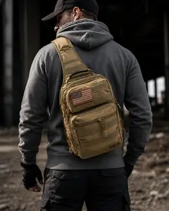 Tactic Ops Tactical Military Sling Bag - Range Bag - Diaper Bag Beige with American Flag Patch and MOLLE Webbing for Quick Access and Secure Storage