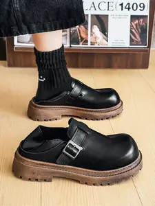Men's All - Black Thick - soled Buckle Leather Shoes, Retro Functional Style, Leather - spliced Material, Thick Sole & Eye - catching, Comfortable on Feet, Ideal for Daily Outfits & Street Outings