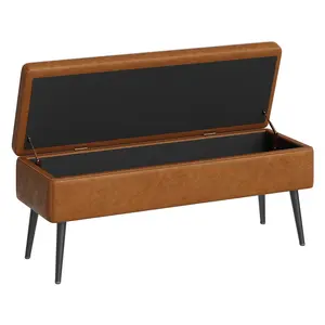 Garvee Mid-Century Modern Faux Leather Storage Ottoman Bench – End of Bed or Entryway Shoe Bench, Stitched Design, 670 lbs Load, Safety Hinges, Multipurpose for Bedroom, Living Room, Mudroom – Brown or Grey