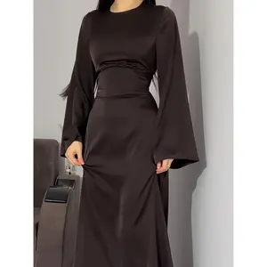 Elegant Women's Arabic Abaya Dress - Breathable Stretchy Slim-Fit Tummy Control Long Sleeve with Adjustable Waist Belt, Solid Color Modest Ramadan Eid Prayer Dress for All Seasons, Eid Dress| Hline Silhouette| Quality Fabric