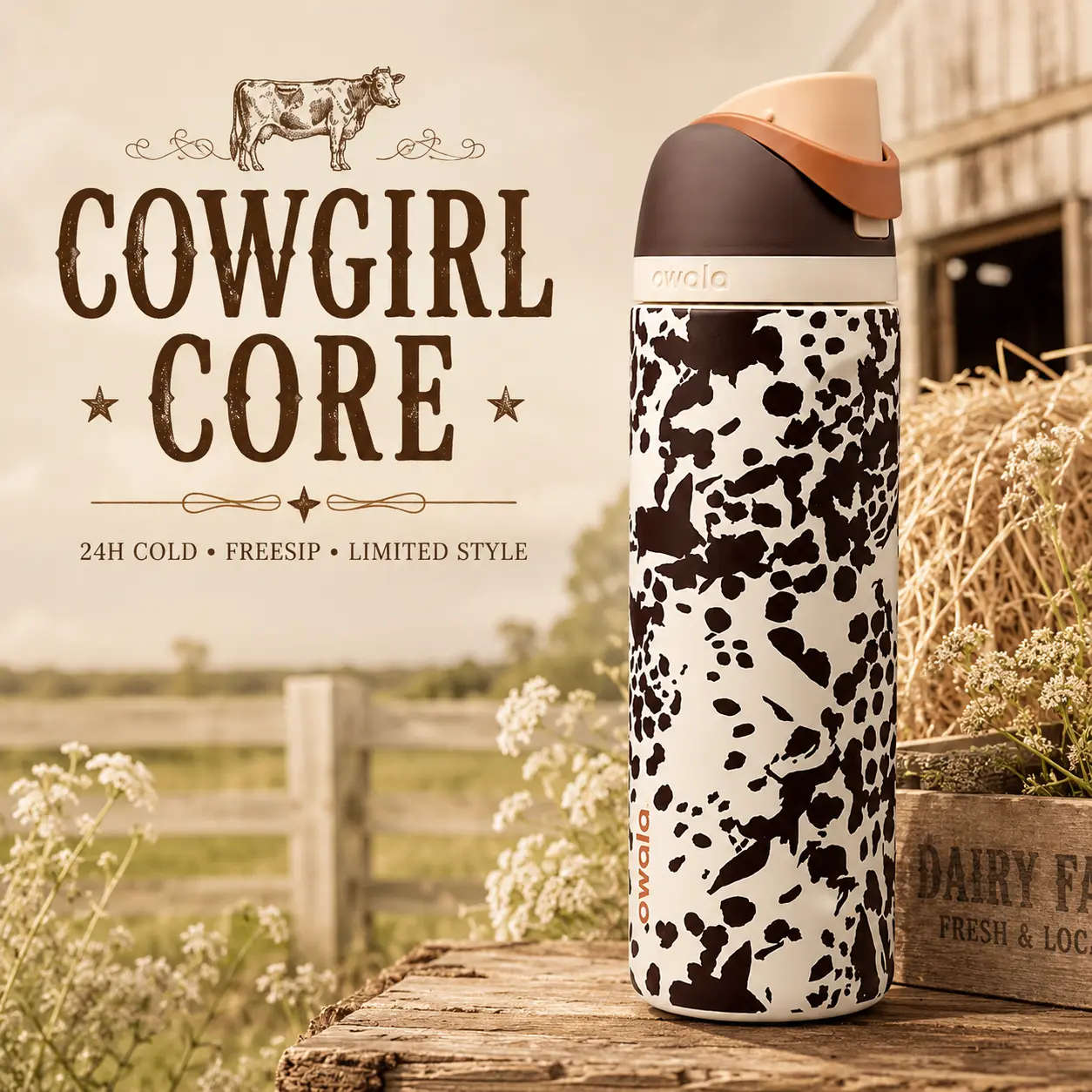 Owala FreeSip 32 oz Cowgirl Core Insulated Water Bottle – Cow Print Stainless Steel Bottle with Built-In Straw & Carry Loop