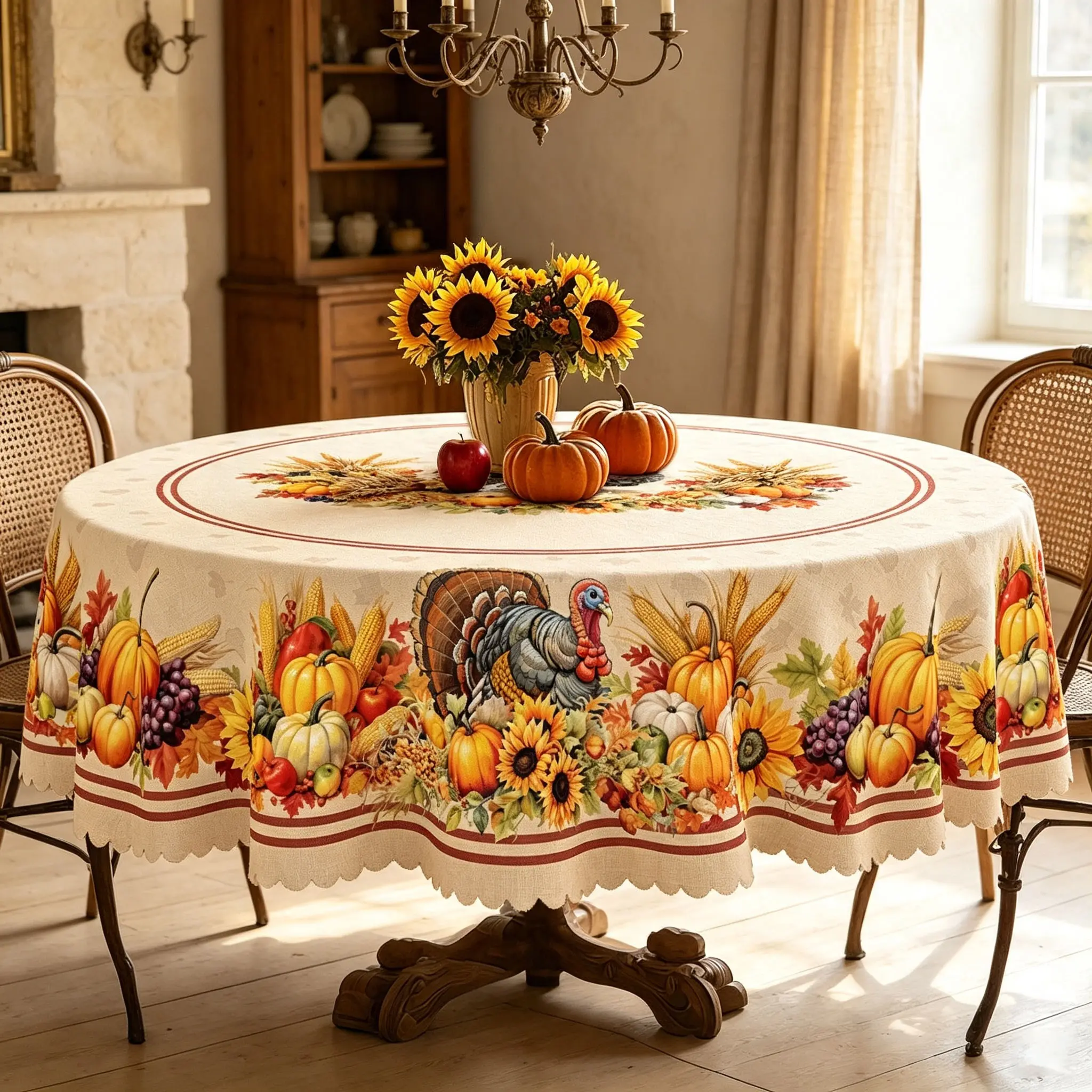AAFKK Fall Thanksgiving Turkey Pumpkin Sunflower Round Tablecloth, Retro Autumn Harvest Pattern Table Cover, Indoor Outdoor Dining Table Linens, Thanksgiving Holiday Party Decor, Farm Style Festive Home Decor Gift