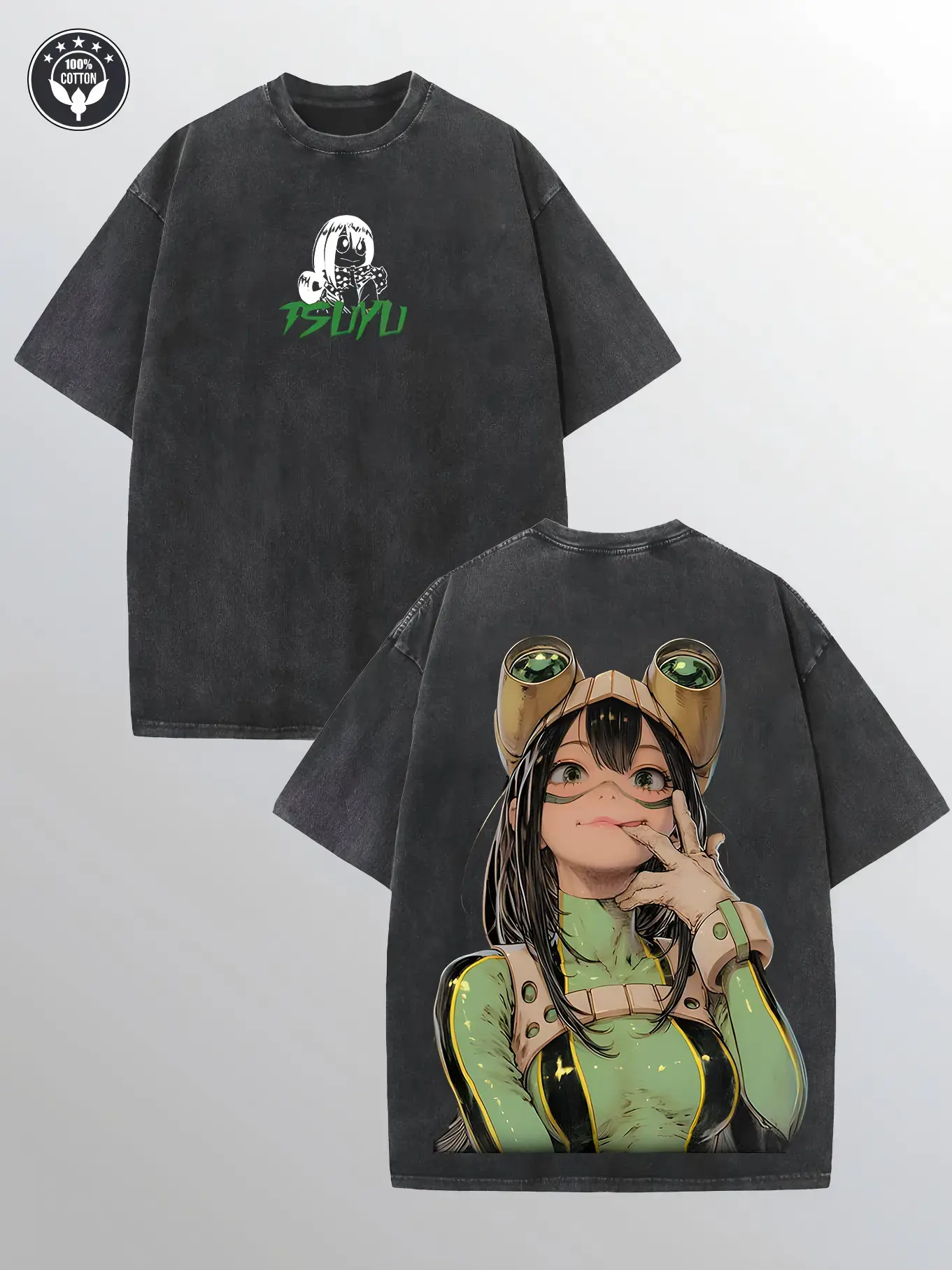 Menswear 100% Cotton Vintage Loose Fit Retro Washed Heavyweight Short-Sleeve T-Shirt - Unisex Funny Double-Printed My Hero Academia Tsuyu Frog Hero Anime Merch Top, Casual/Street Wear, Father's Day Gift, Shortsleeve Distressed Festive