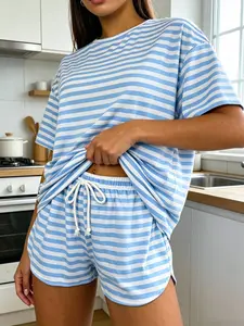 2-Piece Summer Pajama Set, Loungewear, Sea blue color Loose-Fit Striped Knitwear, Round Neck Short Sleeve, Casual Outdoor Wear, Multi-OccasionHome, Fashionable Comfort