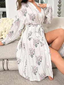 Women's Floral Print Tie Front Pocket Bathrobe, Elegant Drop Shoulder Long Sleeve Dressing Gown, Soft Comfortable Sleepwear for Women