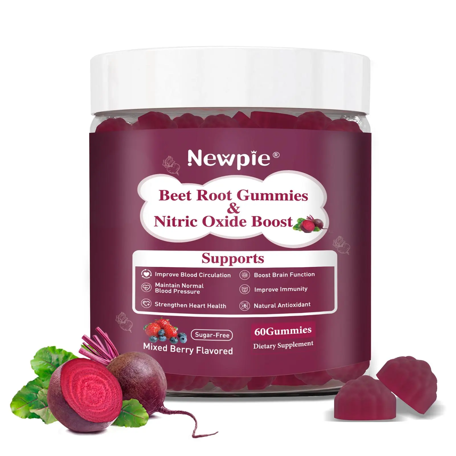 All Natural Chewable Beet Root Vitamin Supplement - Blood Circulation Support, Cardio & Heart Health, Mixed Berry Flavor, Vegan, Non-GMO, Gluten-Free, Sugar-Free, 60 Pieces, Youth-Focused Pre-Workout Brain Health Aid