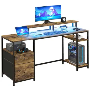 (High end and high-quality Computer desk)61" Computer Desk with LED Lights, Power Outlets, and USB Ports, Gaming Desk with Storage Shelves, Monitor Stand, Fabric Drawers & Remote for Home Office Study, Rustic Brown
