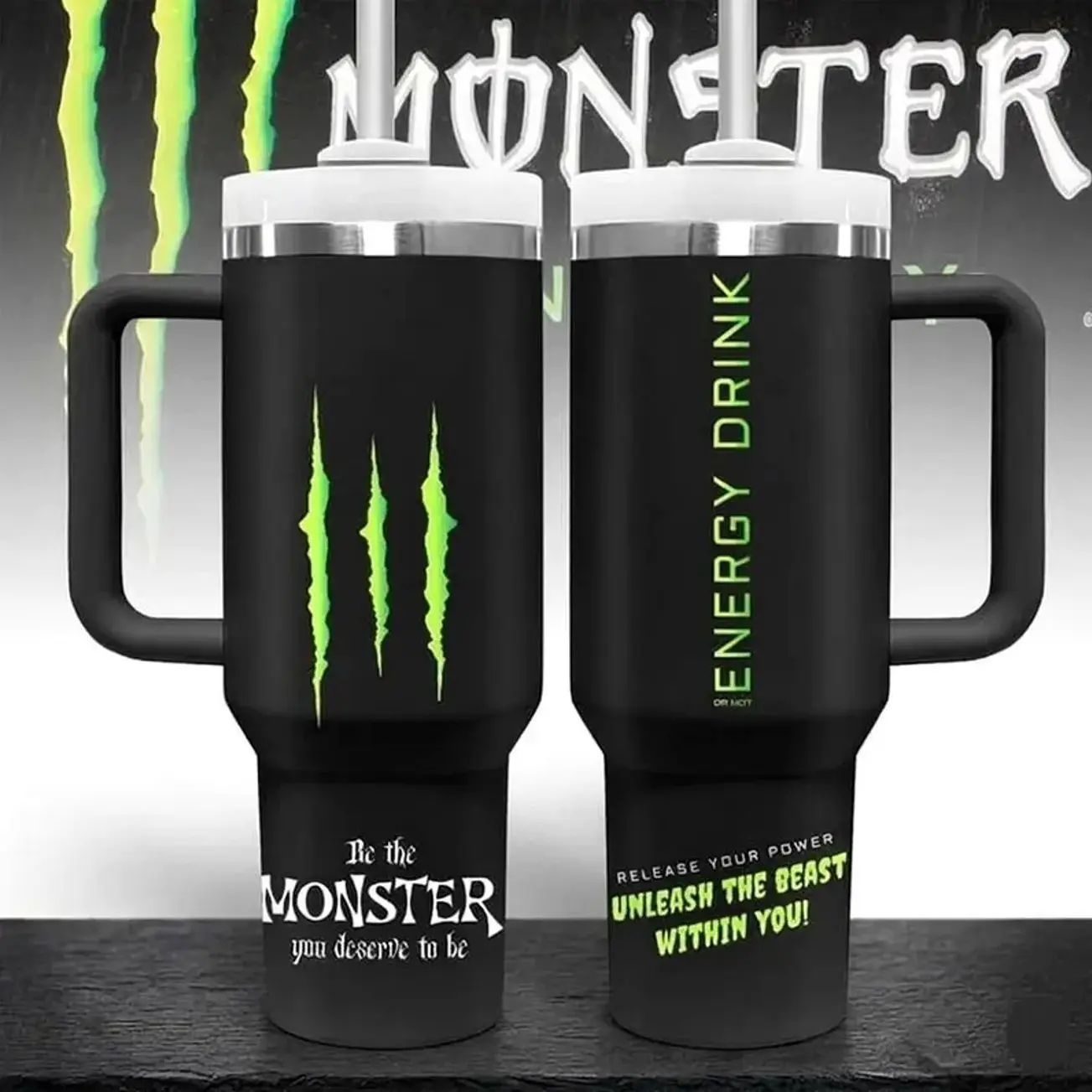 Energy Drink Inspired 20oz/30oz/40oz Stainless Steel Tumbler with Handle & Straw – Green Black Double Wall Vacuum Insulated Travel Mug, Gym & Gaming Aesthetic Drinkware Gift