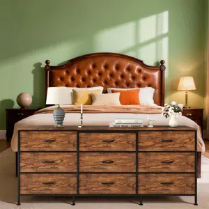 Garvee 63" Entertainment Center and 9-Drawer Dresser with Wooden Top and Wide Fabric Storage Chest, Multi-Function Media Console for Living Room and Bedroom Organization, Easy Assembly