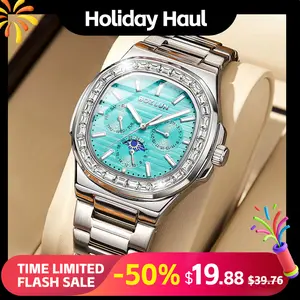 BOZLUN fashionable luxury quartz watch with luminous dial, 3ATM waterproof calendar, Sunday and moon phase function, butterfly double snap button suitable for daily wear