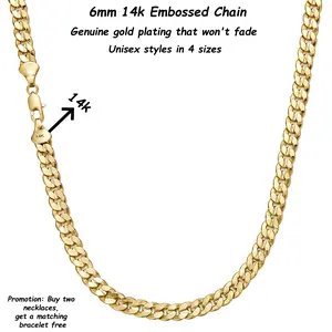 Figaro 14k Cuban Chain Necklace with Embossed Design Genuine Gold-Plated Fade-Resistant Waterproof & Scratch-Resistant Unisex Style 18in 20in 24in Compatible with Any Pendant Buy Two Get a Matching Bracelet Free