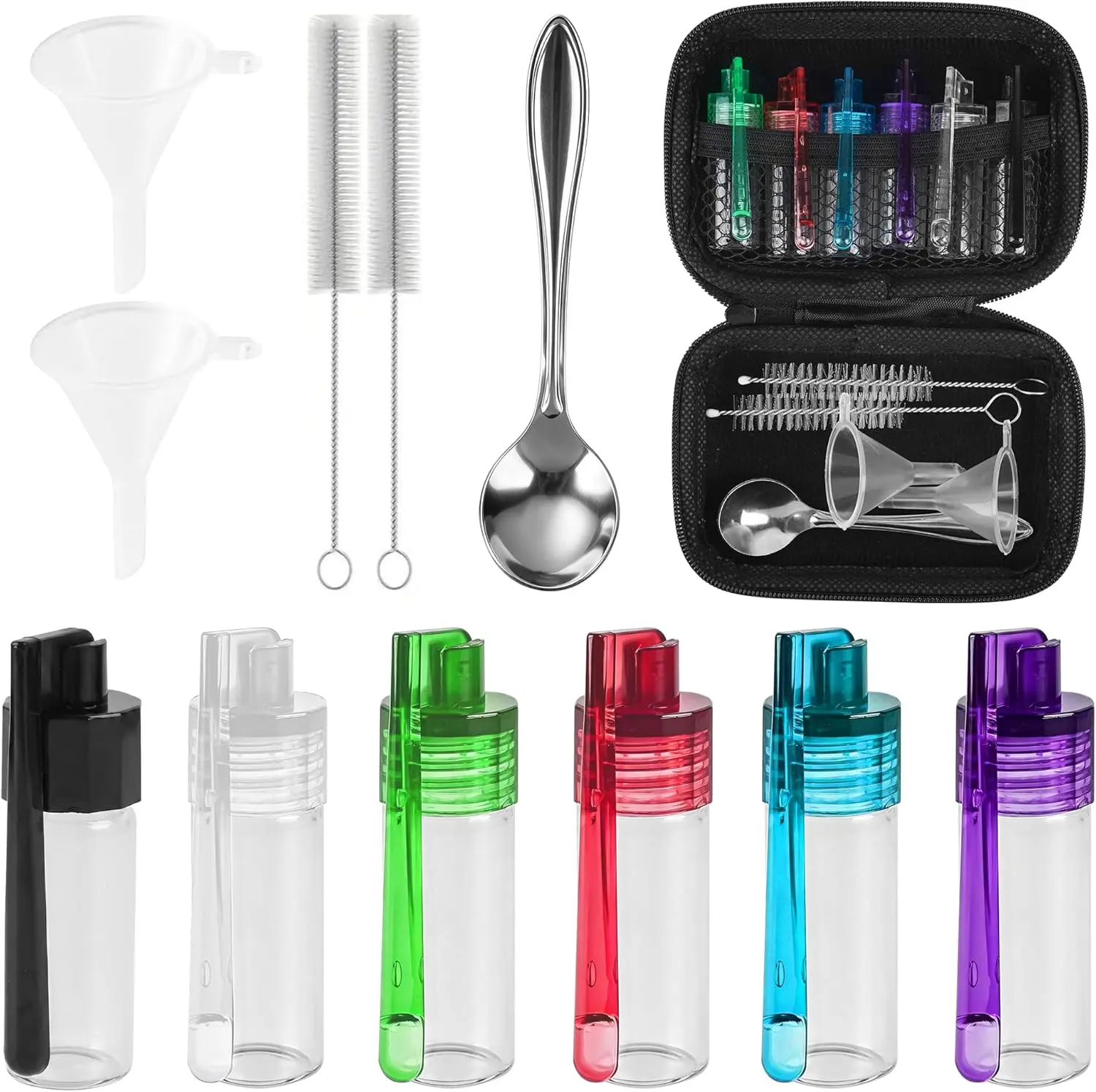 6-Pcs Mini Plastic Spice Jar Kit, Outdoor-Ready Seasoning Canister Set with Spoon, Funnel, Cleaning Brush & Storage Bag, Portable Kitchen Utensils Container for Camping, Backpacking, Plastic Jars