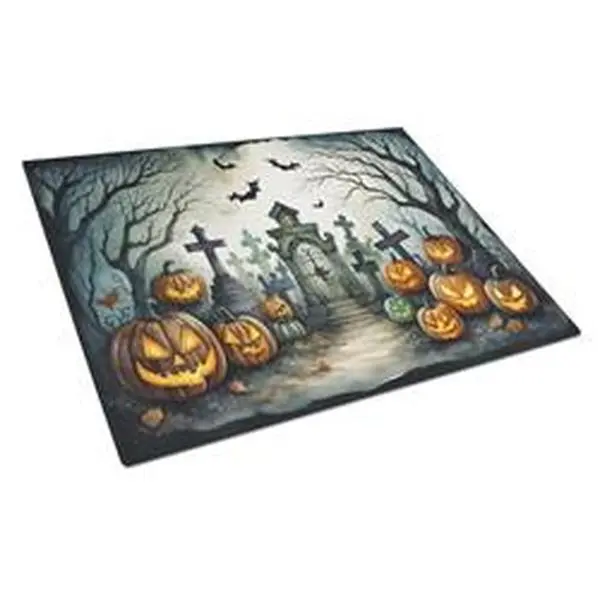 Large Size Rectangular Tempered Glass Cutting Board - 15x12in, 4lbs, Colorful Spooky Graveyard Halloween Print, Non-Slip, Unisex Adult Kitchen Chopping Board, Decorative