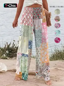 Women's Patchwork Print Elastic Waist Wide Leg Pants, Casual Loose Pants, Boho Bohemian Casual Trousers for Beach Vacation Holiday, Ladies Bottoms for All Seasons