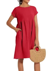 Women's 2026 Summer Cotton Linen Gauze Dress, Loose Fit Casual Beachwear, Flowy Midi Design with Practical Pockets Womenswear, Breathable Elegance