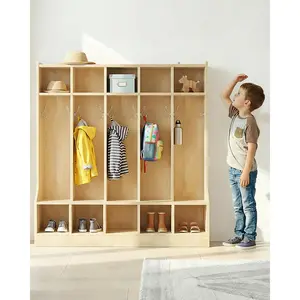 Kids Coat Locker with Bench – 10 Cubbies, 10 Hooks, Storage Organizer – Smooth Natural Wood Finish, Hidden Casters – Ideal for Nursery, Home, Study Room – Large Size