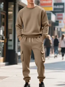 Men's Fall Winter Outfits Round Neck Sweatshirt & Cargo Pants Set for Daliy Wear, Old Money Casual Warm Fleece Lined Multi-Pocket, Essential Outdoor Clothing for Man's Wardrobe