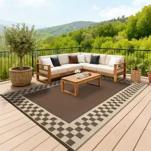 Waterproof Reversible Outdoor Rug Plastic Straw Patio Mat with Checkered Geometric Design, UV Resistant Foldable Indoor Outdoor Carpet for Deck Porch Balcony Camper Beach Picnic Backyard with Storage Bag and Stakes
