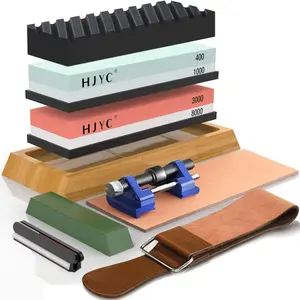 Knife Sharpening Stone Set,4 Side Grit 400/1000 3000/8000 Stone,Whetstone Kit with Non-slip Bamboo Base,Flattening Stone,Angle Guide,Strop,Polishing Compound and Honing Guide.