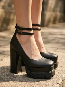 Women's 5.8 Inch Platform Block Heel Mary Jane Shoes, Double Ankle Strap Square Toe Chunky Heels, Lug Sole Faux Leather Dress Pumps